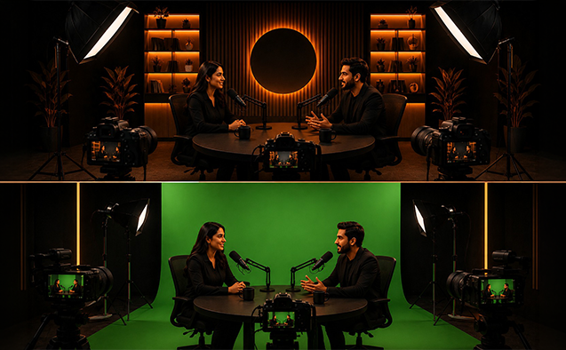 Green screen and branded backdrop options at Bhoomerang Media Hyderabad studio